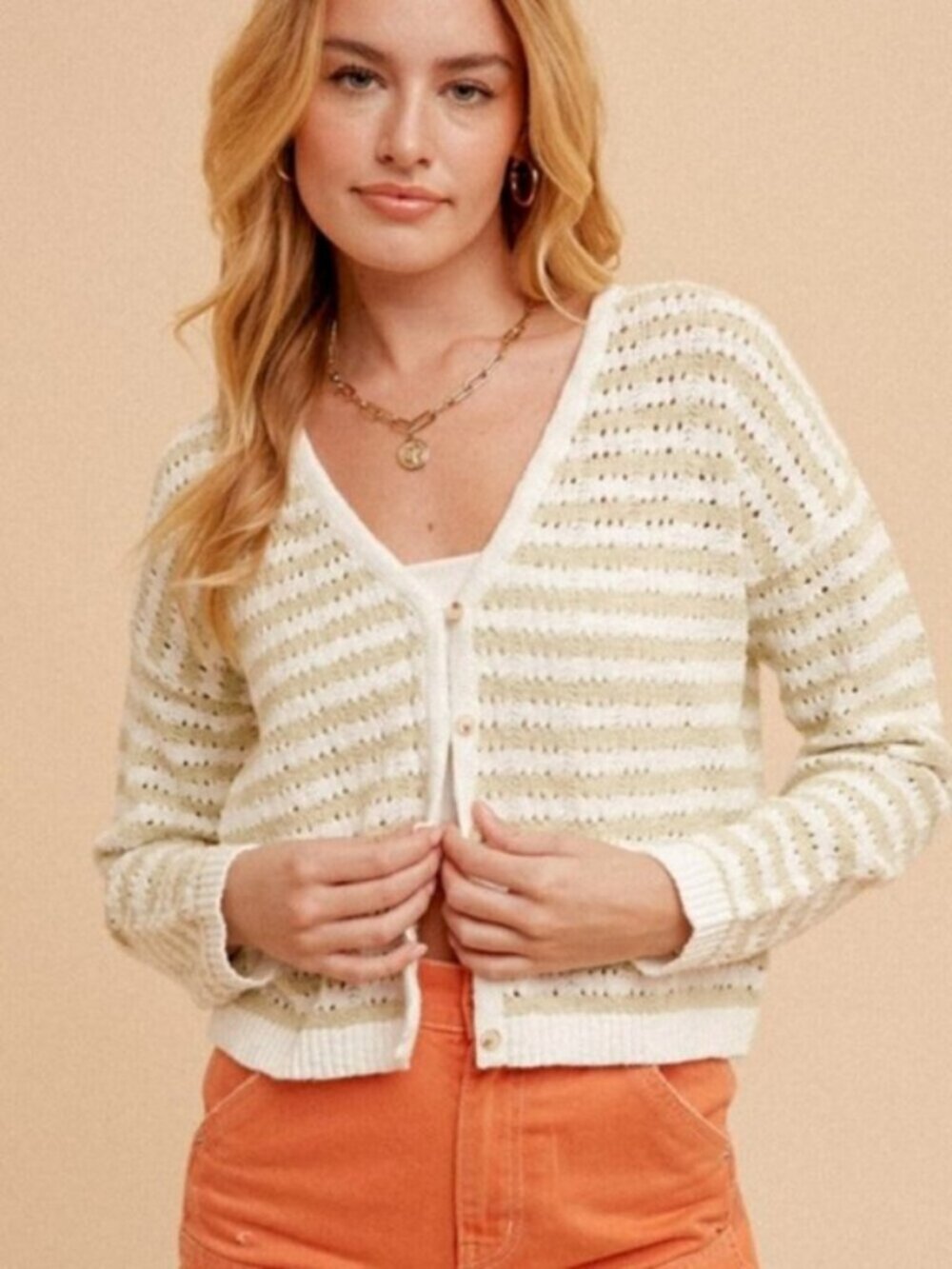 HEM & THREAD Crochet Knit V-Neck Striped Cardigan Sage Green White NWT